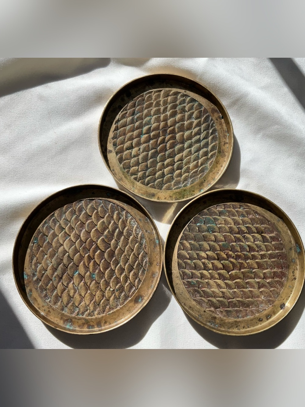 Vintage Lot of 3 Brass Metal Round Coasters Scale Type Pattern Unmarked